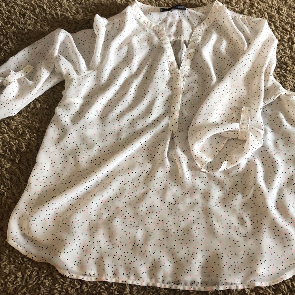 Blouse with navy and neon polka dots